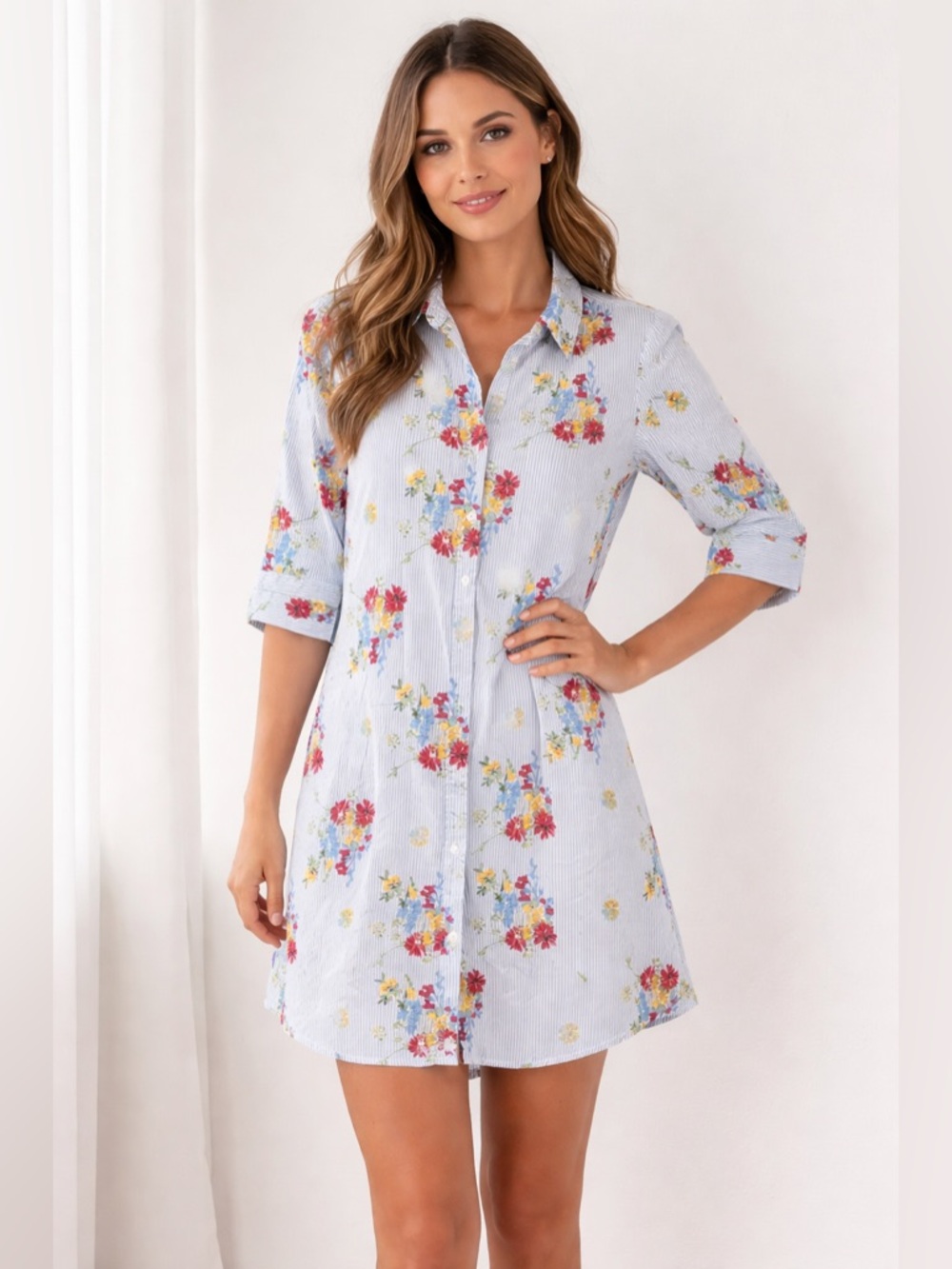 TROVARE Floral Striped Button-Up Dress